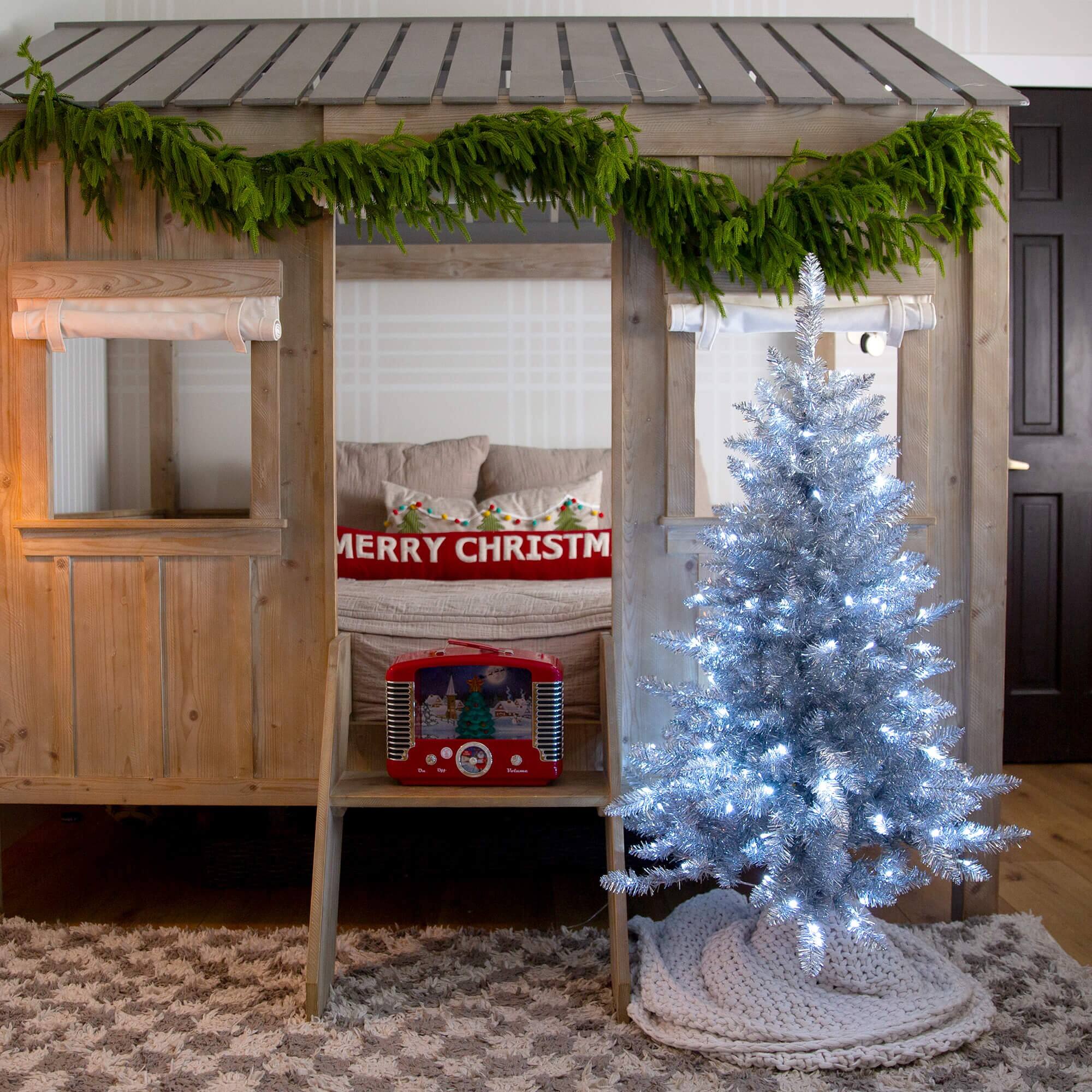 4ft. Pre-Lit Silver Tinsel Artificial Christmas Tree, Cool White Lights